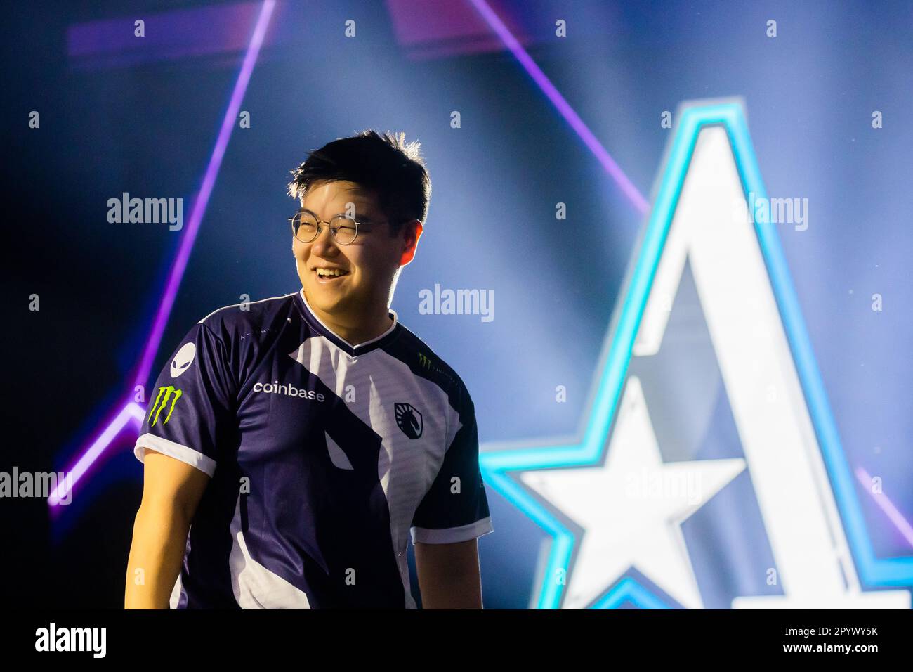 Berlin, Germany. 05th May, 2023. E-Sport: ESL One Berlin Dota 2 Major, Second Major Tournament of the Dota Pro Circuit 2023, Final Weekend, Velodrom. Coach 'Blitz' William Lee from the Dutch Team Liquid comes on stage. Credit: Christoph Soeder/dpa/Alamy Live News Stock Photo