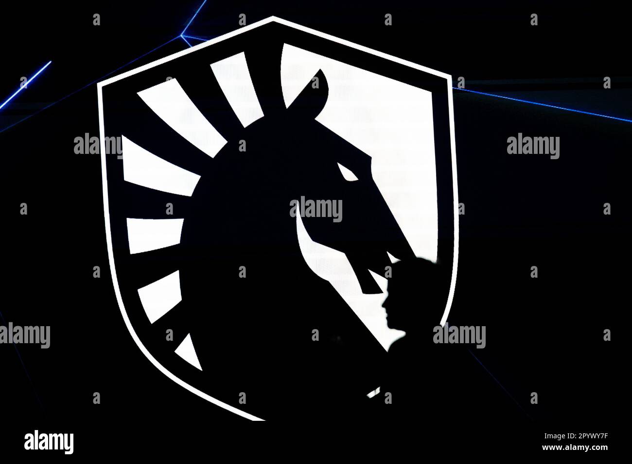 Berlin, Germany. 05th May, 2023. E-Sport: ESL One Berlin Dota 2 Major, Second Major Tournament of the Dota Pro Circuit 2023, Final Weekend, Velodrom. A person can be seen in front of the logo of Team Liquid from the Netherlands. Credit: Christoph Soeder/dpa/Alamy Live News Stock Photo