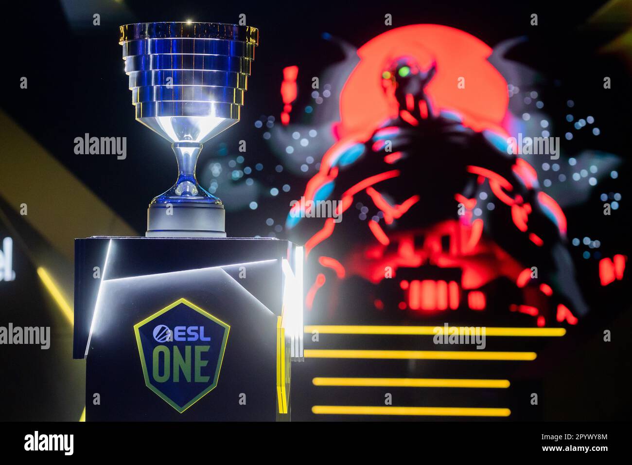 Berlin, Germany. 05th May, 2023. E-Sport: ESL One Berlin Dota 2 Major, Second Major Tournament of the Dota Pro Circuit 2023, Final Weekend, Velodrom. The trophy on stage. Credit: Christoph Soeder/dpa/Alamy Live News Stock Photo