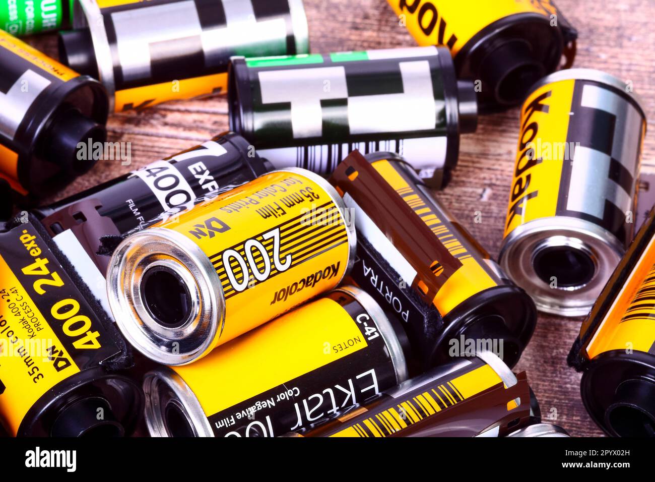 Close up view of empty 35mm film cannisters Stock Photo