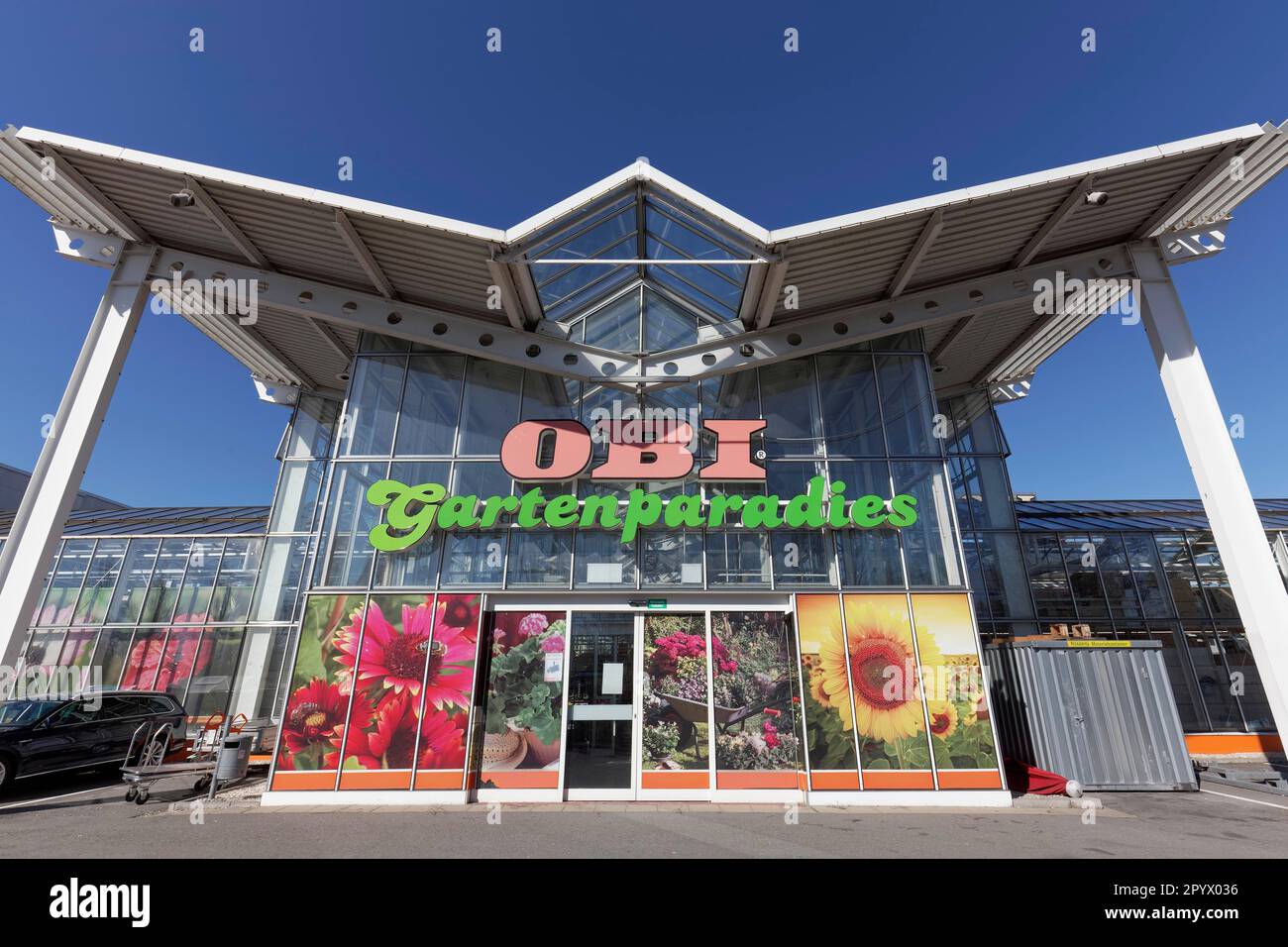 Obi Gartenparadies, logo on building, garden centre, DuesseldorfRath