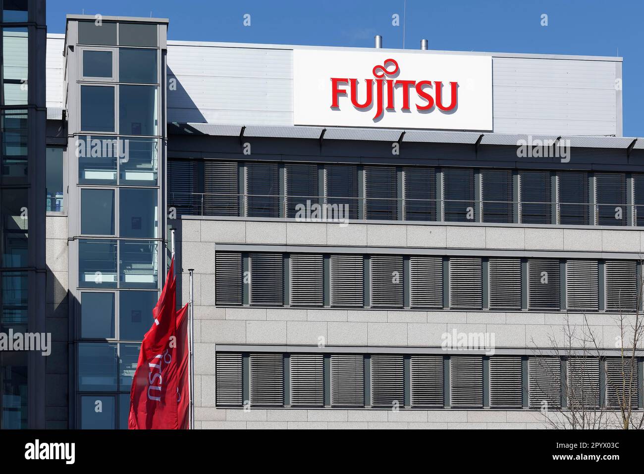 Fujitsu Technology Solutions GmbH, logo on building, IT Group, North Rhine-Westphalia, Germany Stock Photo
