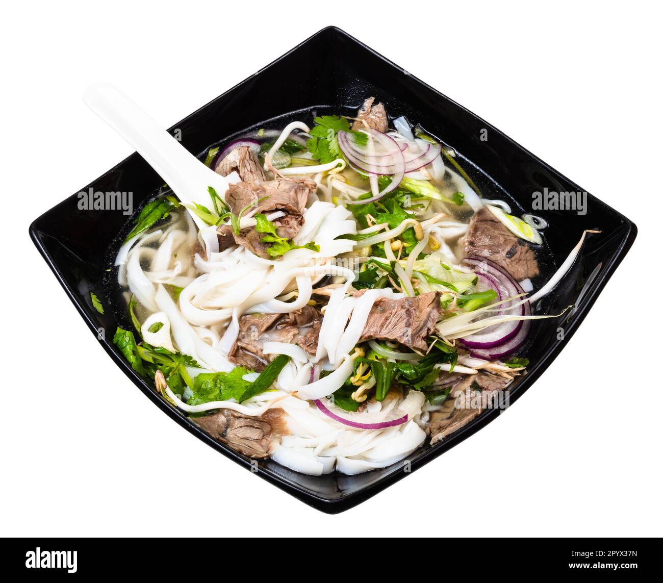 Vietnamese Soup Pho Bo with rice noodles, broth, onion, greens, beef in