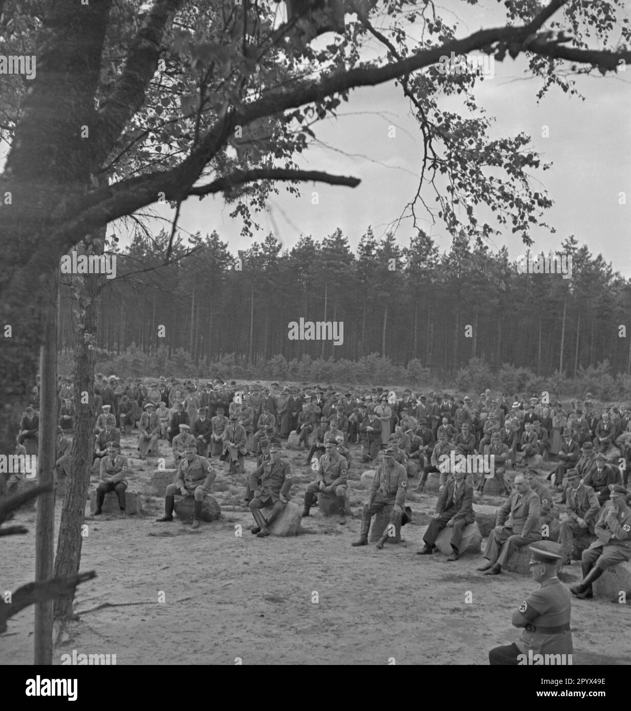 Photo of local farmers' representatives (some in SA uniforms, sitting on glacial erratics) of the neighboring communities at the inauguration of the Landtagsplatz in Hoesseringen in Suderburg in the Lueneburg Heath on June 28, 1936. In the background, spectators. At the front, an SS man sits on an altar built of a large glacial erratic. Stock Photo