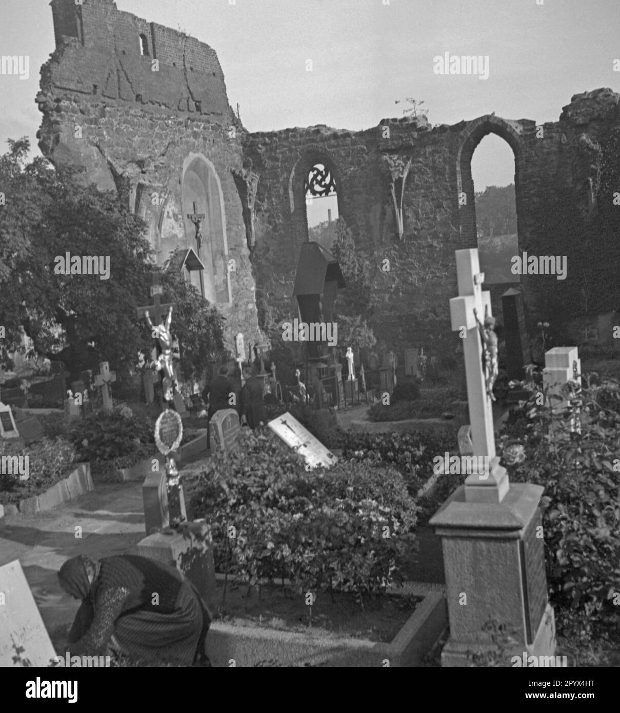 Undated photo of the small burial ground in the ruins of the St. Nicolai Church (Upper Sorbian: Miklavsk) in Bautzen (Upper Sorbian: Budysin) in Upper Lusatia, a former Soviet occupation zone (SBZ, today Free State of Saxony). There are graves on the ground and on the wall. All around, the outlines of the nave. Stock Photo