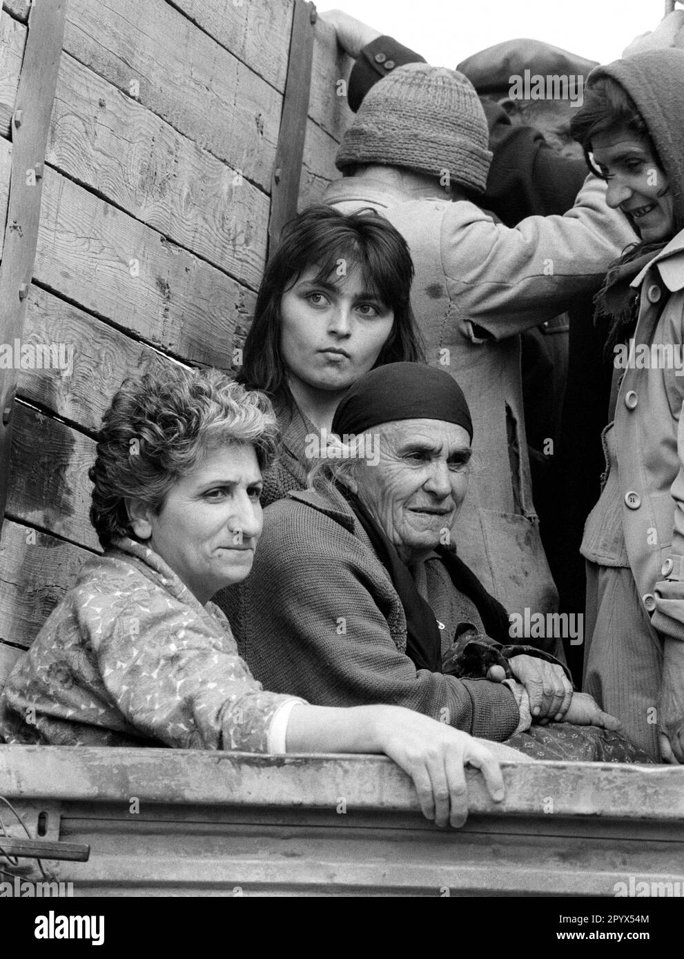 ARM , ARMENIA : Displaced civilians on a truck in Stepanakert in Nagorno-Karabakh are waiting to be brought back to their villages . 15.04.1993 Stock Photo