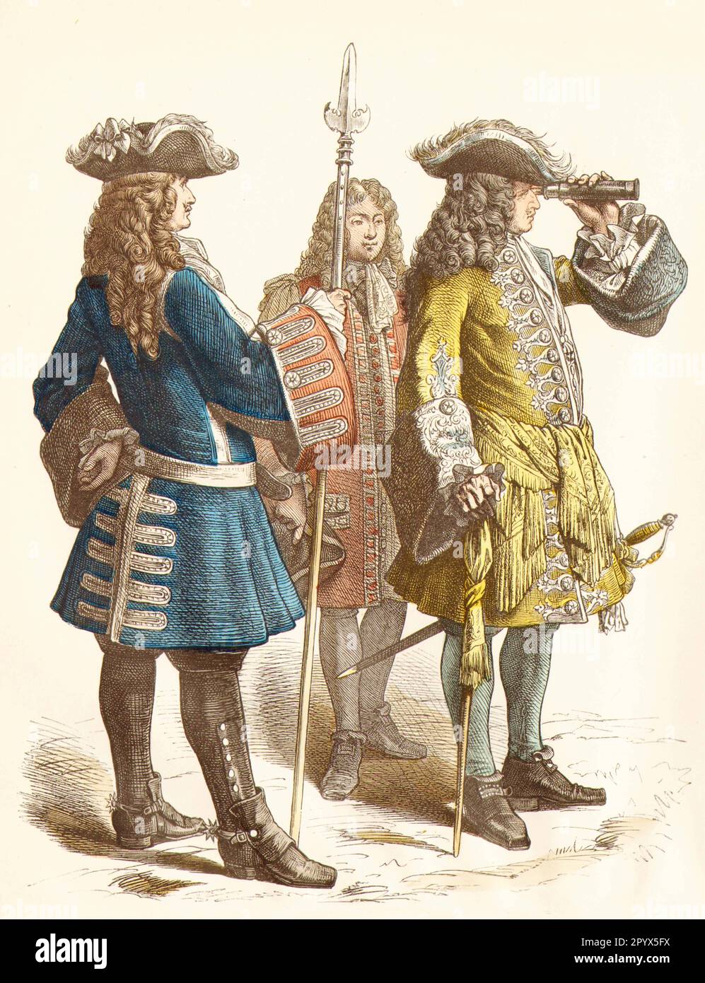 Soldiers in the 18th century in contemporary uniforms: French marshal (right) and officer with sponton, ca. 1704-1713 at the time of the War of the Spanish Succession. [automated translation] Stock Photo