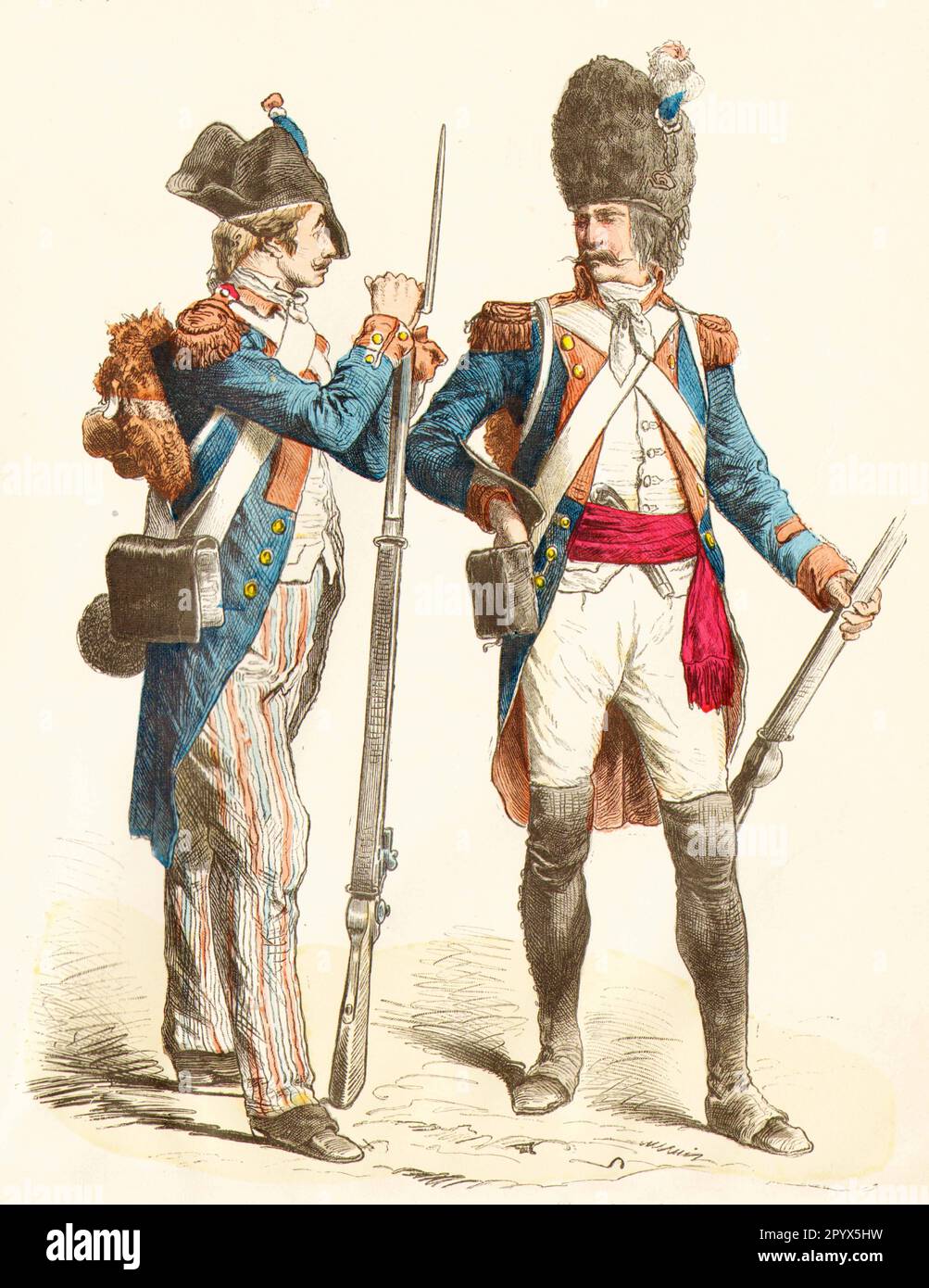 French soldiers at the time of the French Revolution, late 18th century: infantry, grenadier. [automated translation] Stock Photo