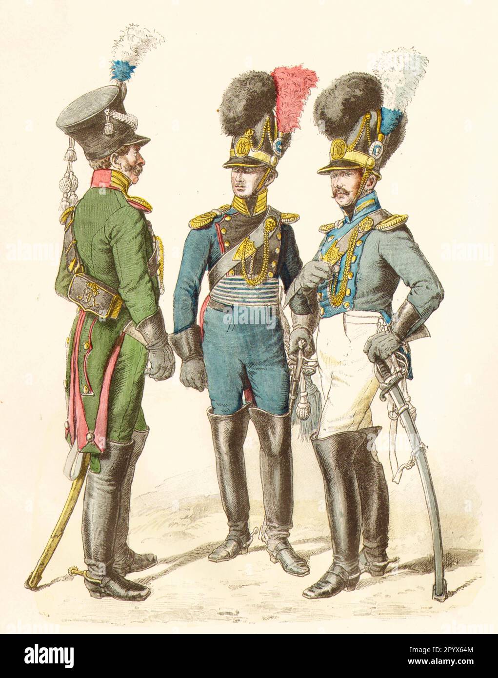 Bavarian soldiers in uniforms of the 19th century: gendarmerie officer, officer of the artillery, officer of the train. [automated translation] Stock Photo