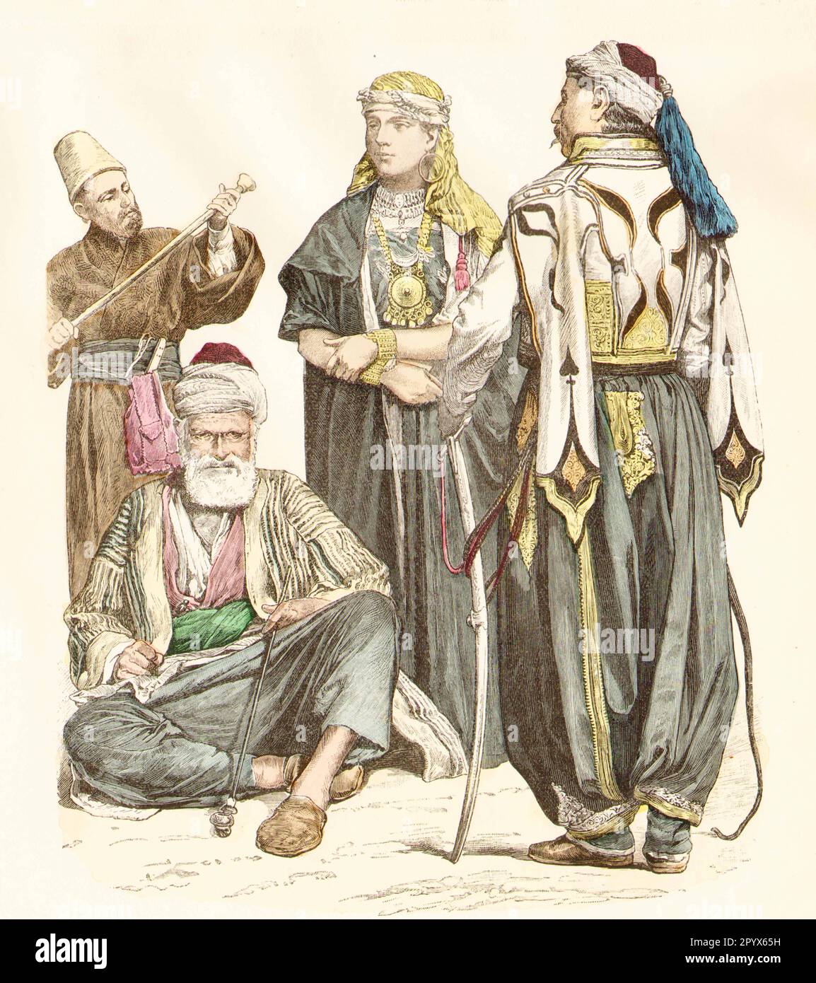 People from the area of modern Syria and Lebanon in contemporary dress: Dervish, Peasant, Drusin and Kawasse. [automated translation] Stock Photo
