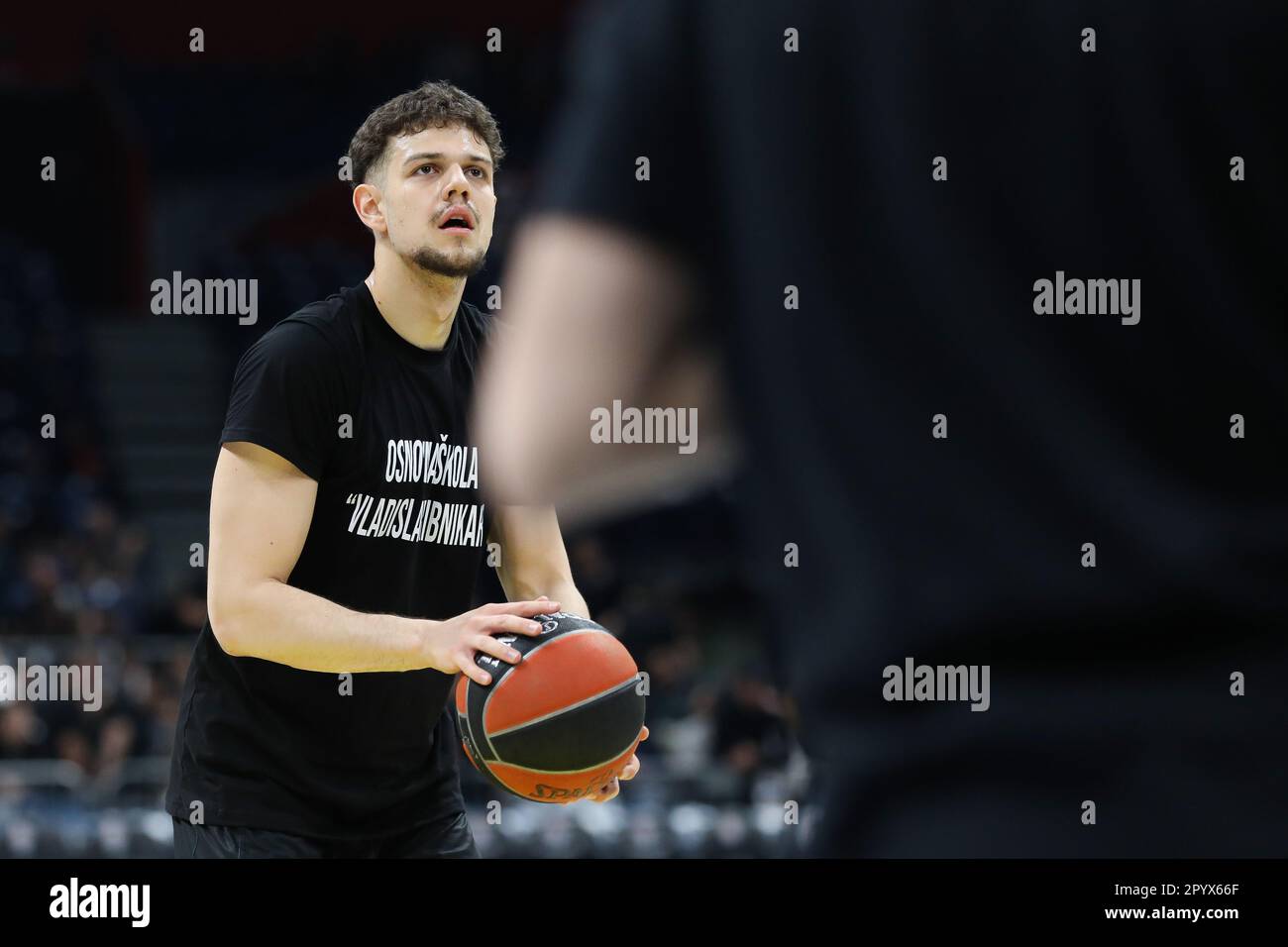 Belgrade, Serbia, 4 May 2023. Uros Trifunovic of Partizan Mozzart Bet  Belgrade warms up during the Play Offs Game 4 - 2022/2023 Turkish Airlines  EuroLeague match between Partizan Mozzart Bet Belgrade and