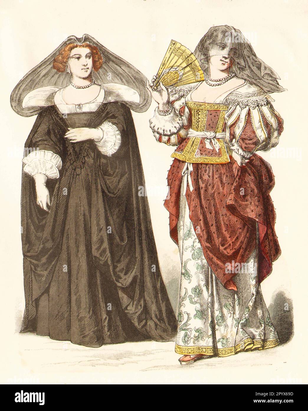 French egg women in contemporary dress, ca. 1650. On the left, mourning