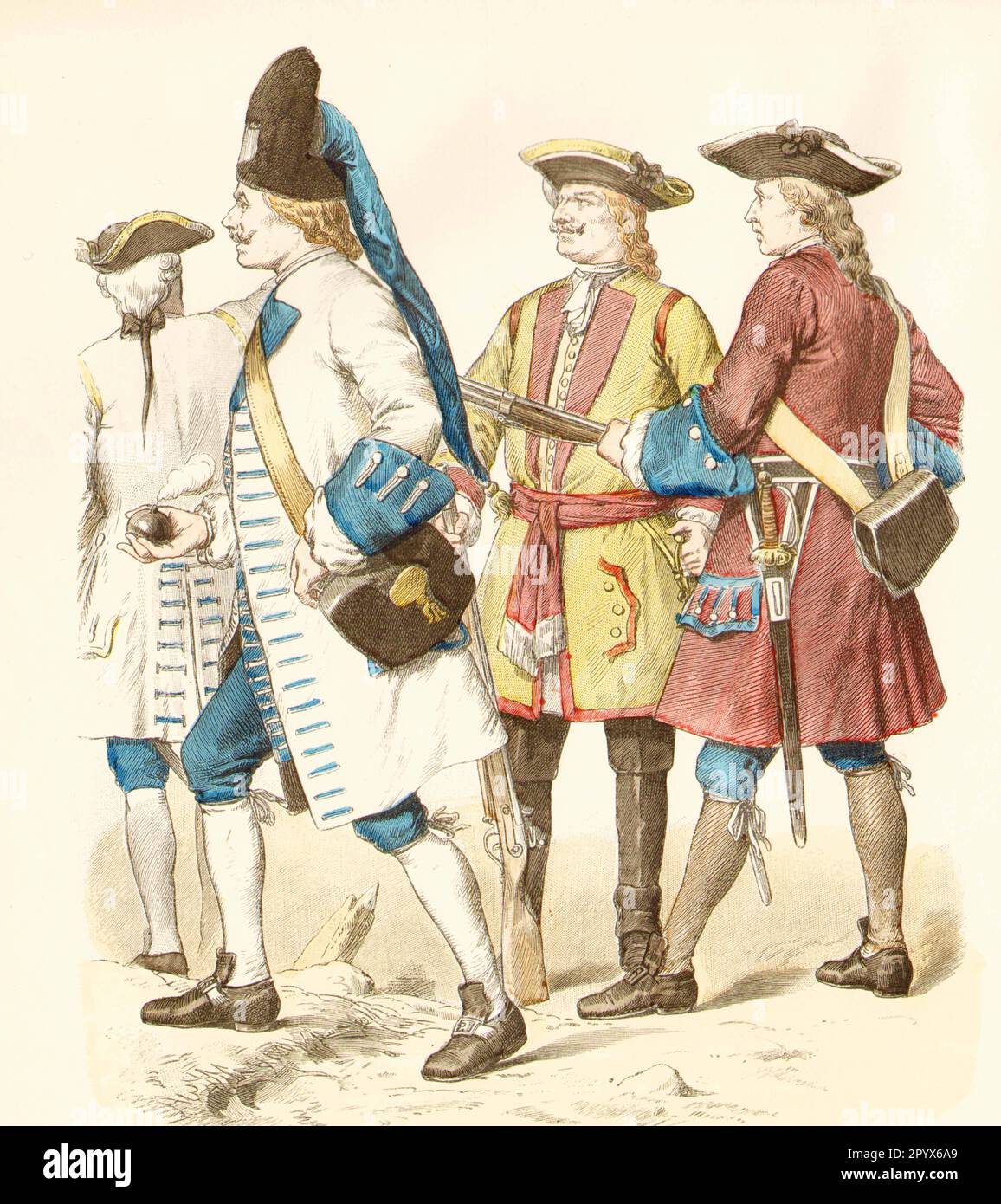 Soldiers from Austria in contemporary uniform, 18th century, from left: Austrian officer, grenadier, dragoon, musketeer, ca. 1738-. [automated translation] Stock Photo