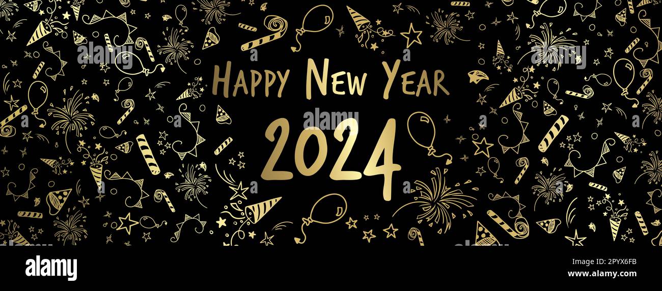 happy new year 2024 - celebration doodles design theme Stock Photo