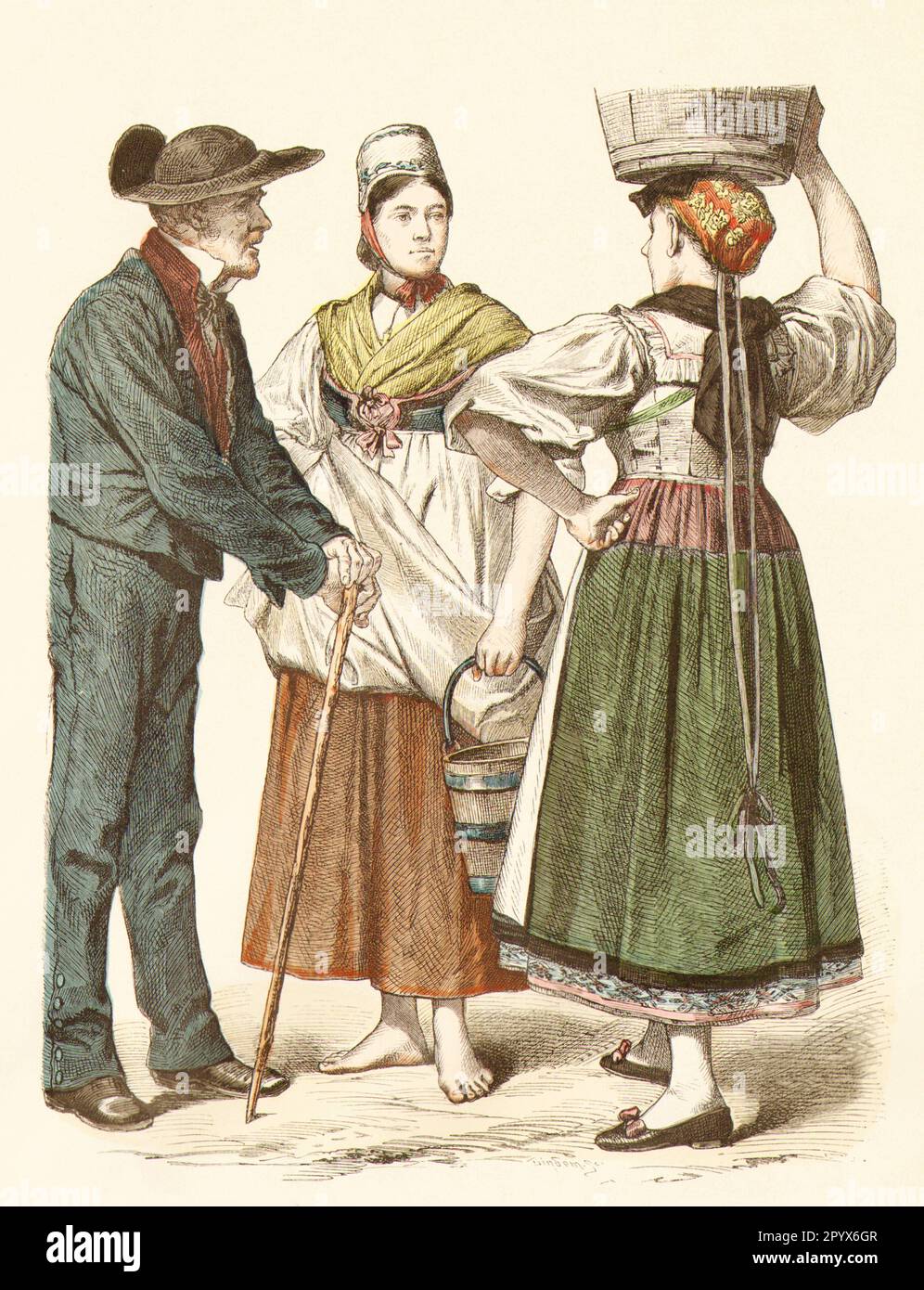 Citizens from Alsace in contemporary costumes, from left to right from Aschbach, Weißenburg and Kochersberg. [automated translation] Stock Photo