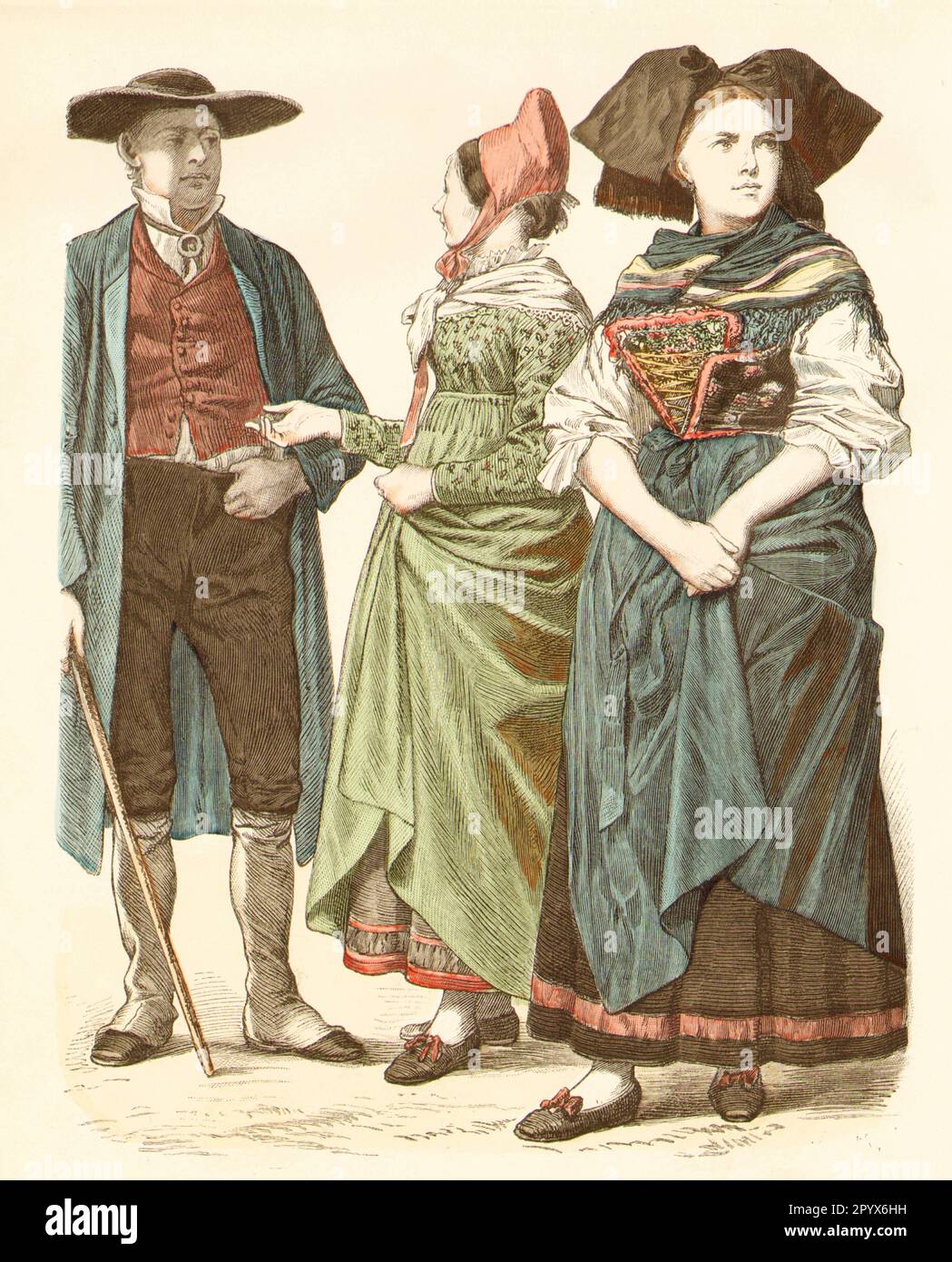 Citizens in traditional costumes from Alsace, from left to right from OBerseebach, Aschbach and the Strasbourg area. [automated translation] Stock Photo