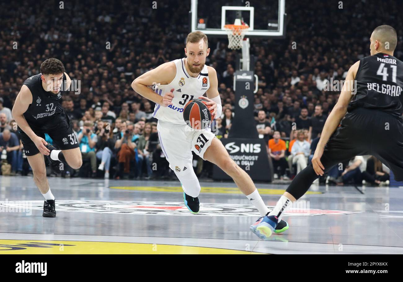 Belgrade, Serbia, 4 May 2023. Yam Madar of Partizan Mozzart Bet Belgrade  drives to the basket during the Play Offs Game 4 - 2022/2023 Turkish  Airlines EuroLeague match between Partizan Mozzart Bet