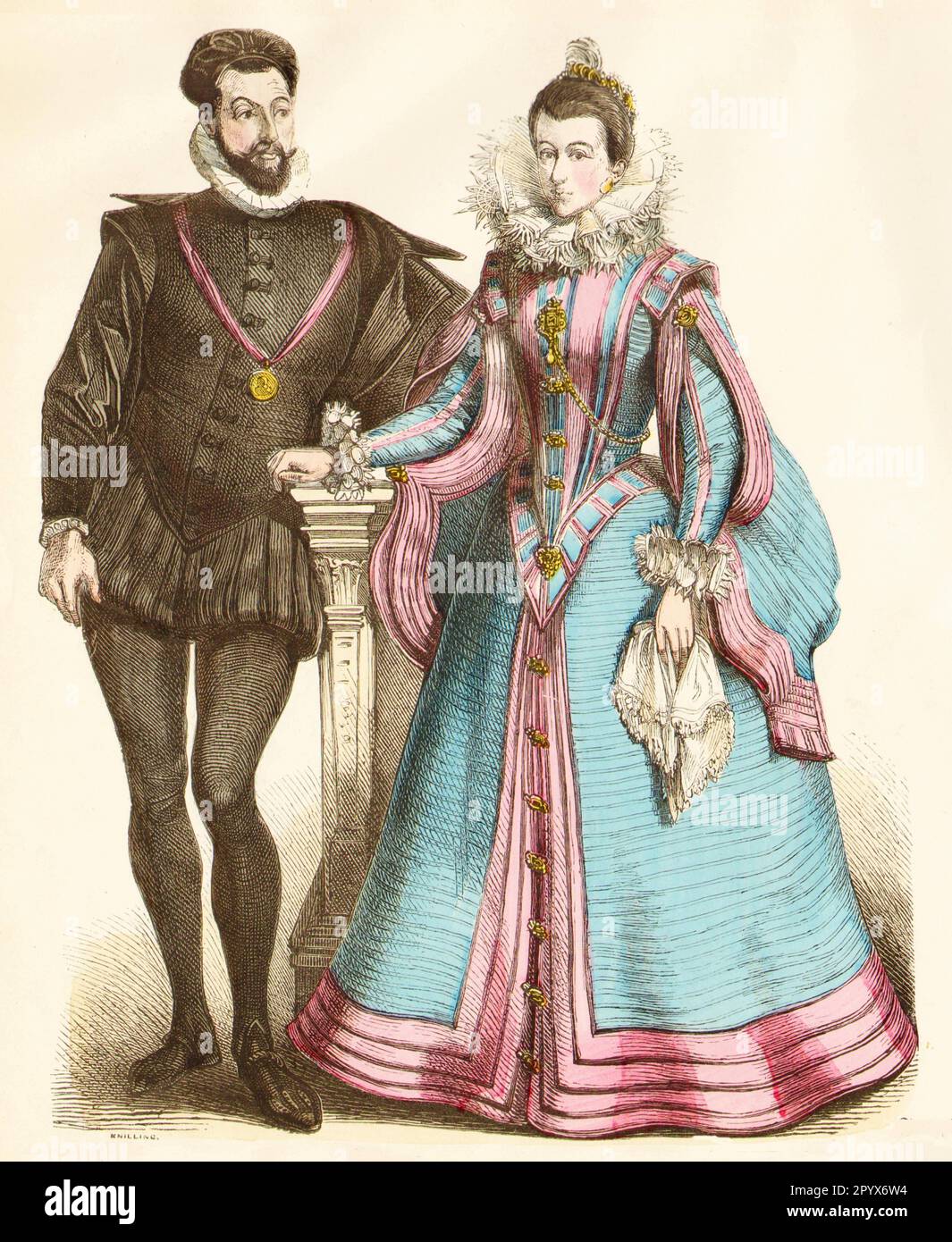 A couple in the noble court dress of the time, second third of the 16th century. [automated translation] Stock Photo