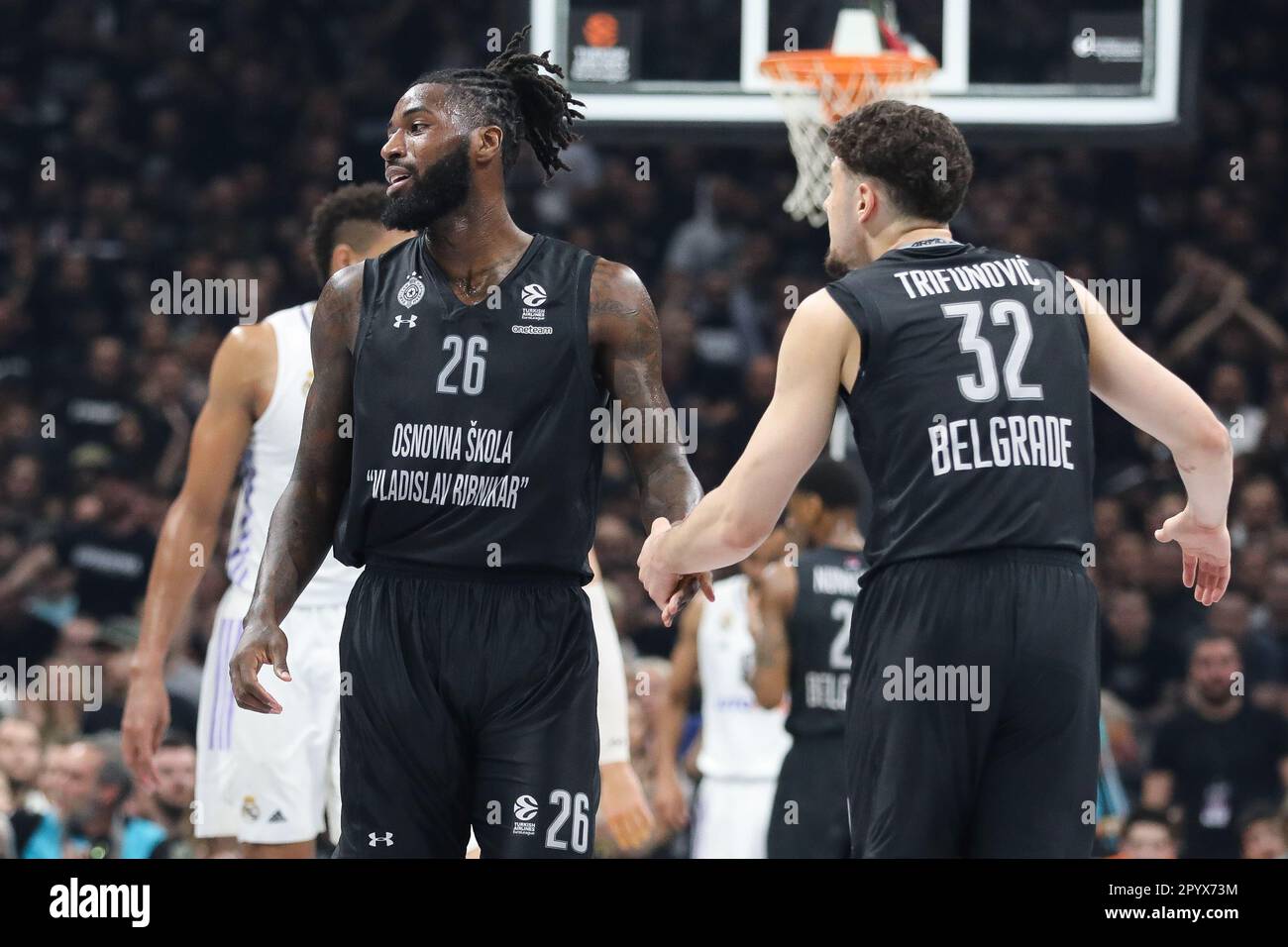 Belgrade, Serbia, 4 May 2023. Yam Madar of Partizan Mozzart Bet Belgrade  drives to the basket during the Play Offs Game 4 - 2022/2023 Turkish  Airlines EuroLeague match between Partizan Mozzart Bet