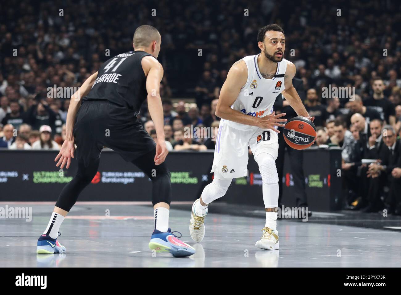 Belgrade, Serbia, 4 May 2023. Yam Madar of Partizan Mozzart Bet Belgrade  drives to the basket during the Play Offs Game 4 - 2022/2023 Turkish  Airlines EuroLeague match between Partizan Mozzart Bet