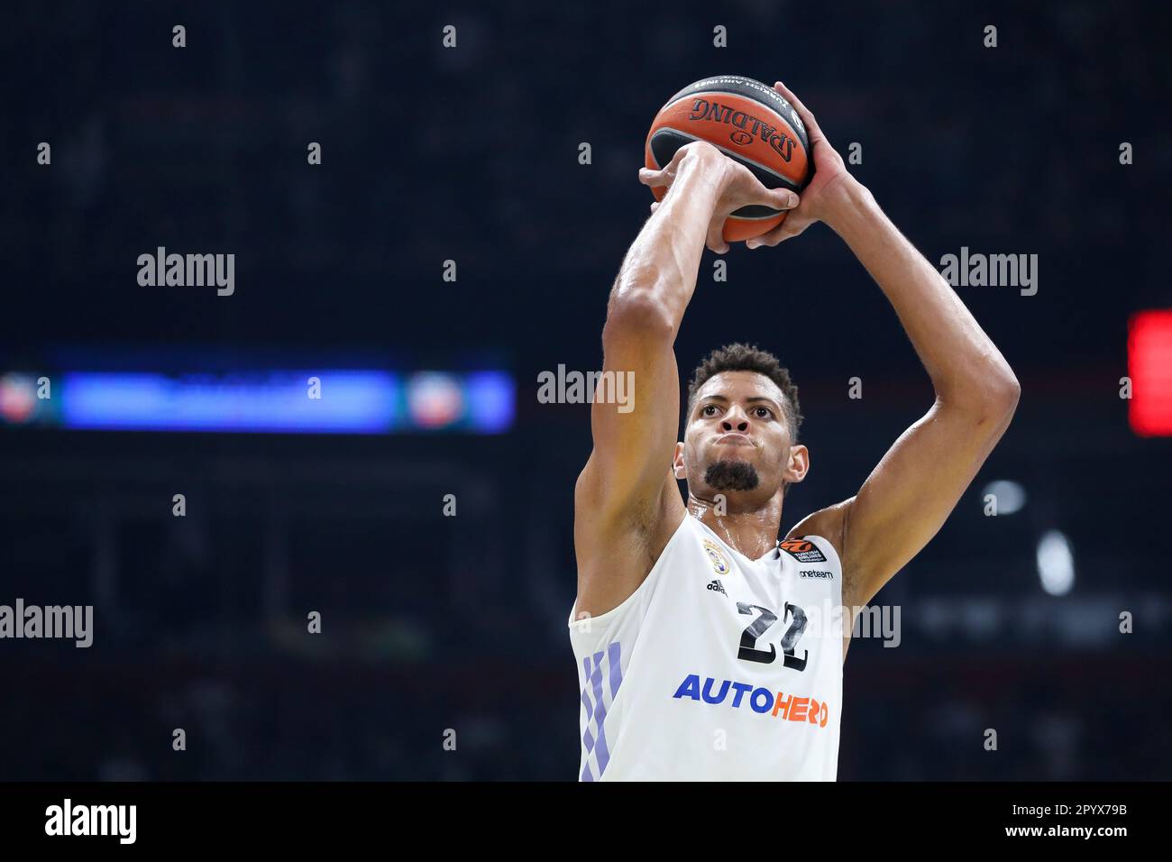 Belgrade, Serbia, 4 May 2023. Uros Trifunovic of Partizan Mozzart Bet  Belgrade warms up during the Play Offs Game 4 - 2022/2023 Turkish Airlines  EuroLeague match between Partizan Mozzart Bet Belgrade and