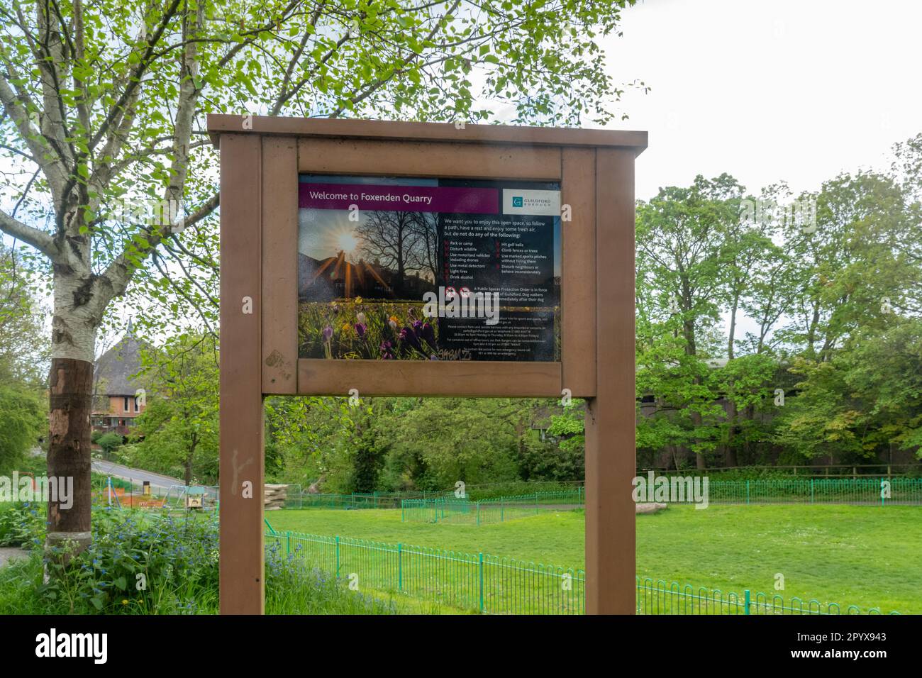 Sign at Foxenden Quarry, a small park, open space, green space, in Guildford town, Surrey, England, UK Stock Photo