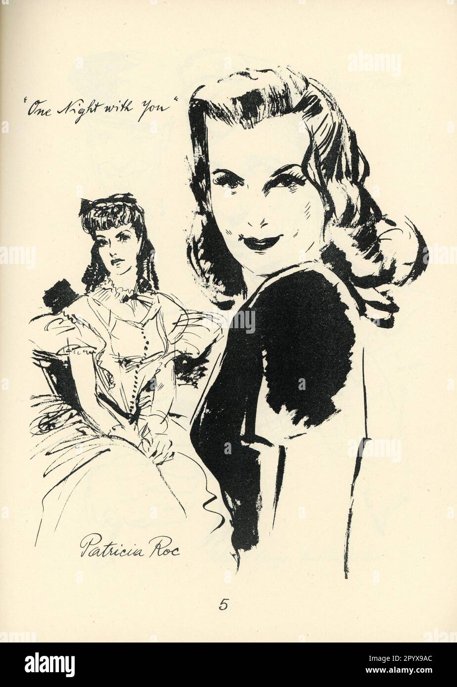 Caricature Portrait by EMIL WIESS of PATRICIA ROC in ONE NIGHT WITH YOU published in 1948. Stock Photo