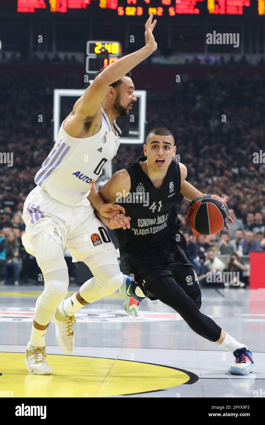 Belgrade, Serbia, 4 May 2023. Yam Madar of Partizan Mozzart Bet Belgrade  drives to the basket during the Play Offs Game 4 - 2022/2023 Turkish  Airlines EuroLeague match between Partizan Mozzart Bet