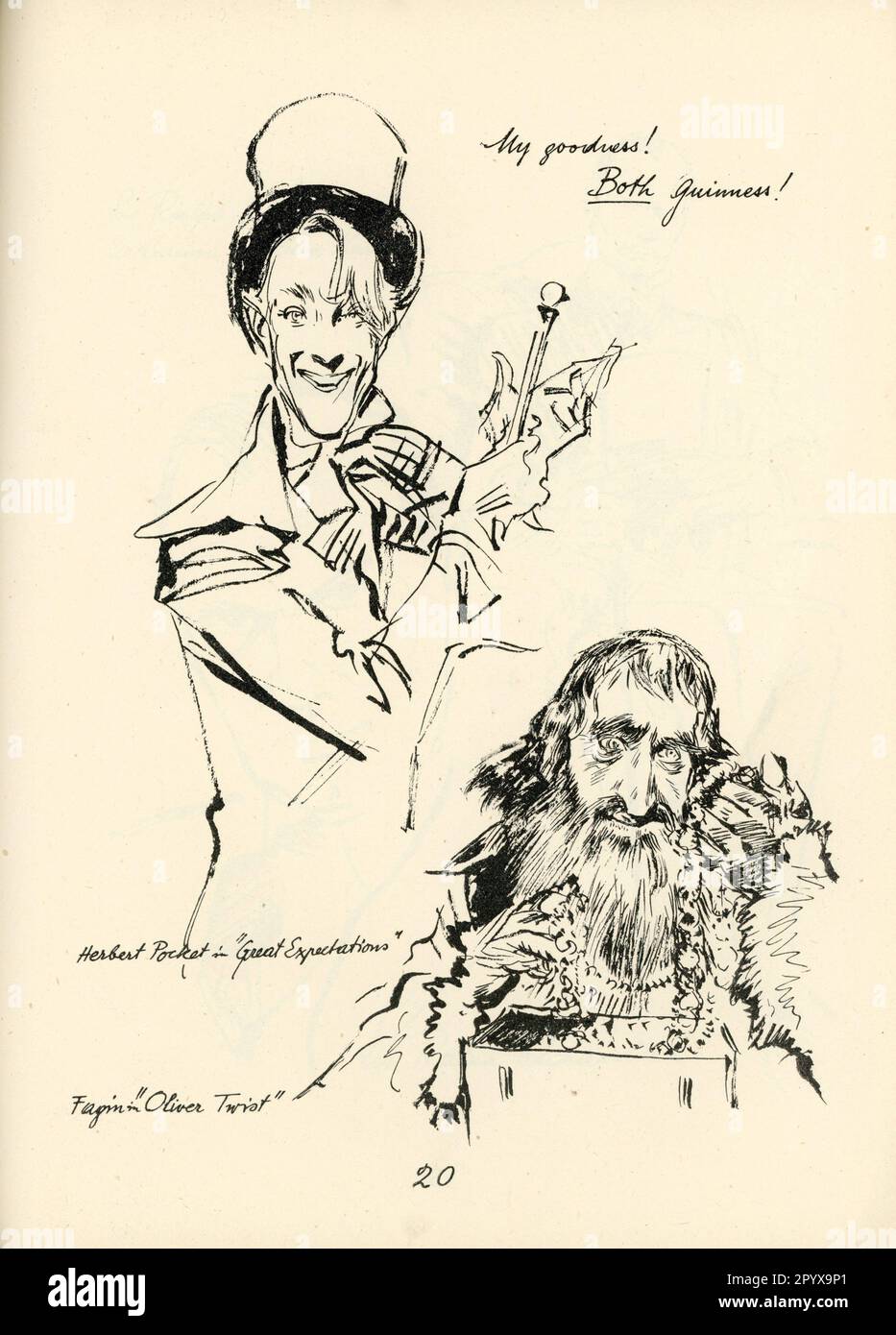 Caricature Portrait by EMIL WIESS of ALEC GUINNESS as Herbert Pocket in GREAT EXPECTATIONS and as Fagin in OLIVER TWIST published in 1948. Stock Photo