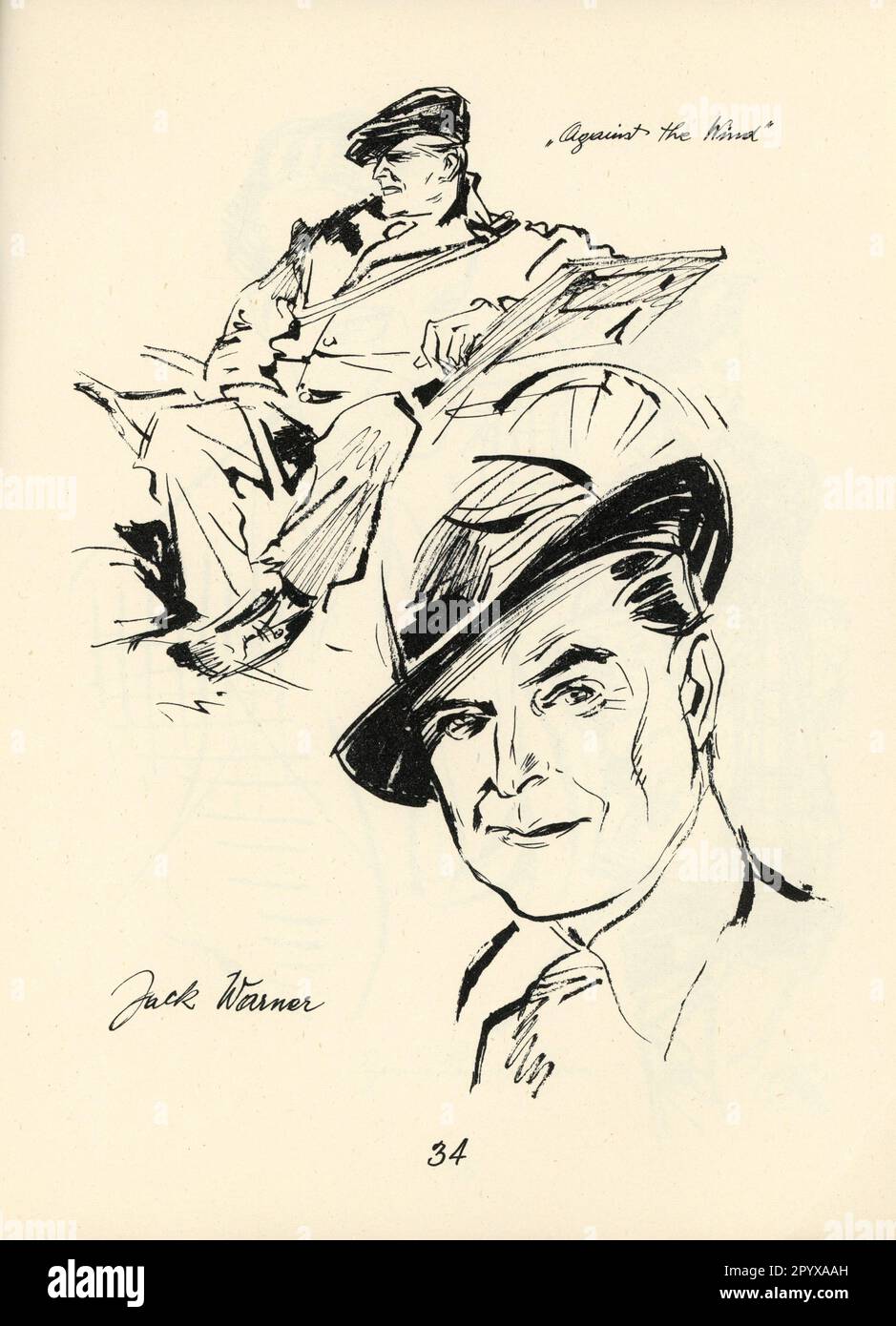 Caricature Portrait by EMIL WIESS of JACK WARNER in AGAINST THE WIND published in 1948. Stock Photo
