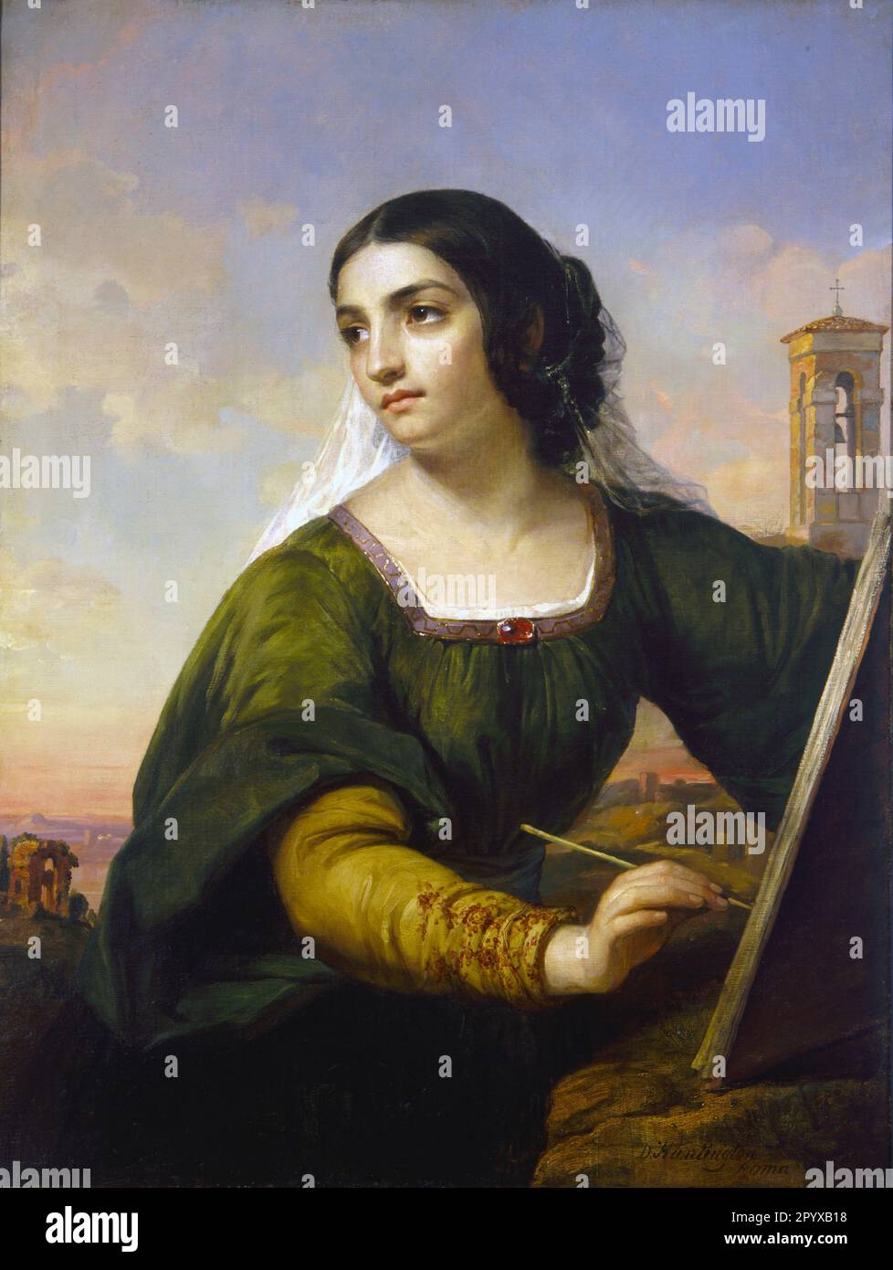 Italy - Daniel Huntington made many trips to Italy, where he was fascinated by the classical art and architecture. Many nineteenth-century American artists traveled to Italy to study the country's rich cultural history and to sharpen their skills as painters and sculptors. In this painting, Huntington personified Italy as a young woman holding a sketchbook and paintbrush. The distant ruins to the left of the image symbolize the country's rich past, while the Tuscan bell tower on the right represents the continuing influence of Catholicism. Female painters were rare during the nineteenth centur Stock Photo