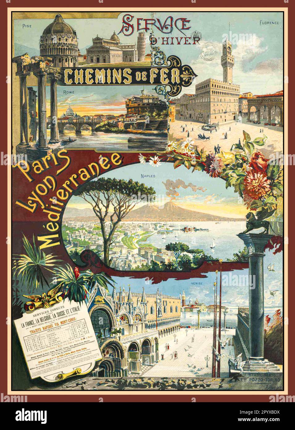 Vintage Italy Travel Poster PLM Italie Service d'hiver featuring Pisa, Florence.Rome, Naples and Venice.with routes to PLM. Paris Lyon and Mediterranee 19thC Stock Photo