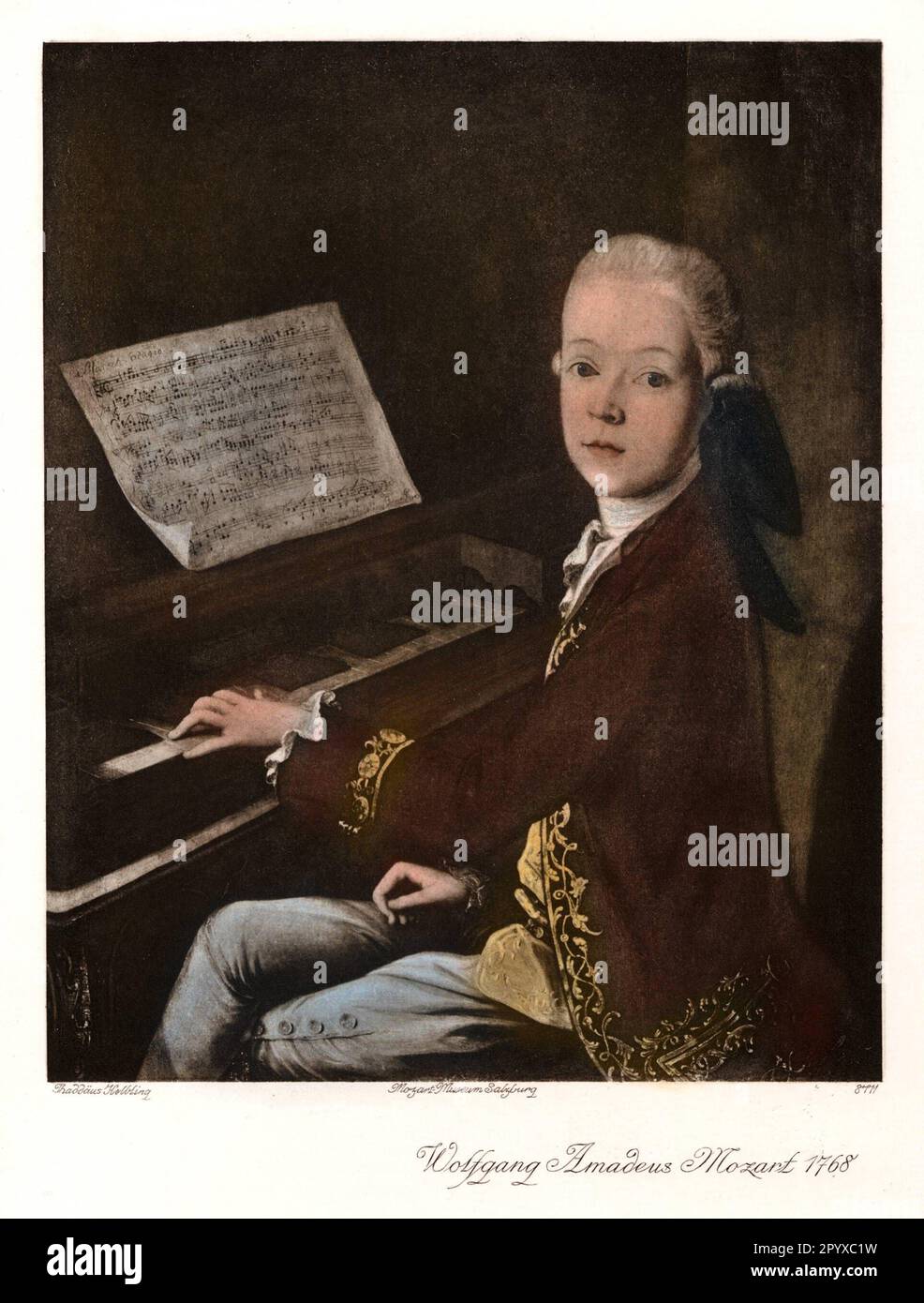 Wolfgang Amadeus Mozart (1756-1791), Austrian composer. The painting shows him at the age of 12. However, the identification is disputed - possibly the Salzburg nobleman Karl Max von Firmian is depicted. Painting by Thaddäus Helbling. Photo: Heliogravure, Corpus Imaginum, Hanfstaengl Collection. [automated translation] Stock Photo