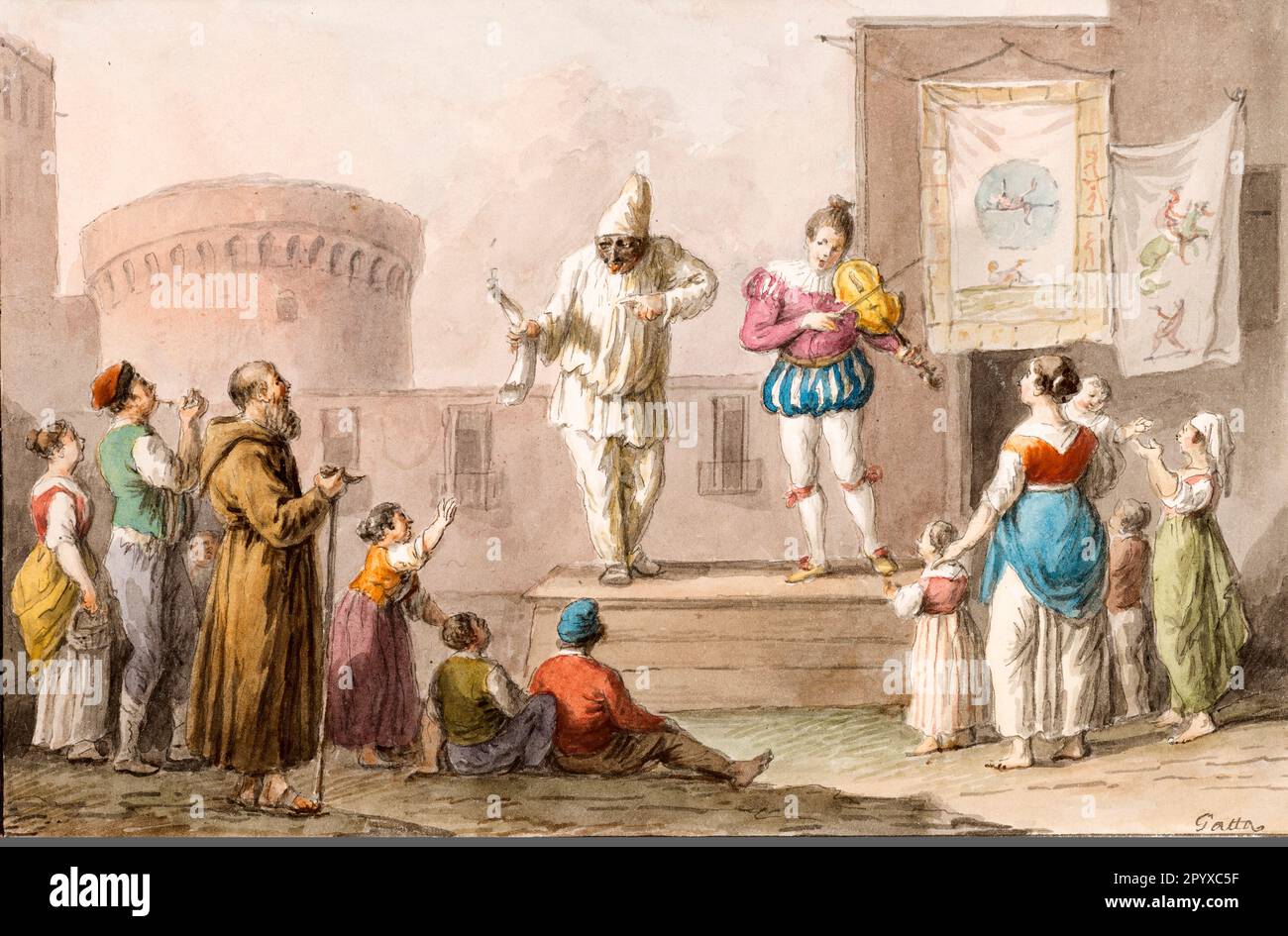 Italy Campania Naples - Performers of a Commedia dell'Arte by Saverio della Gatta in 1827 Stock Photo