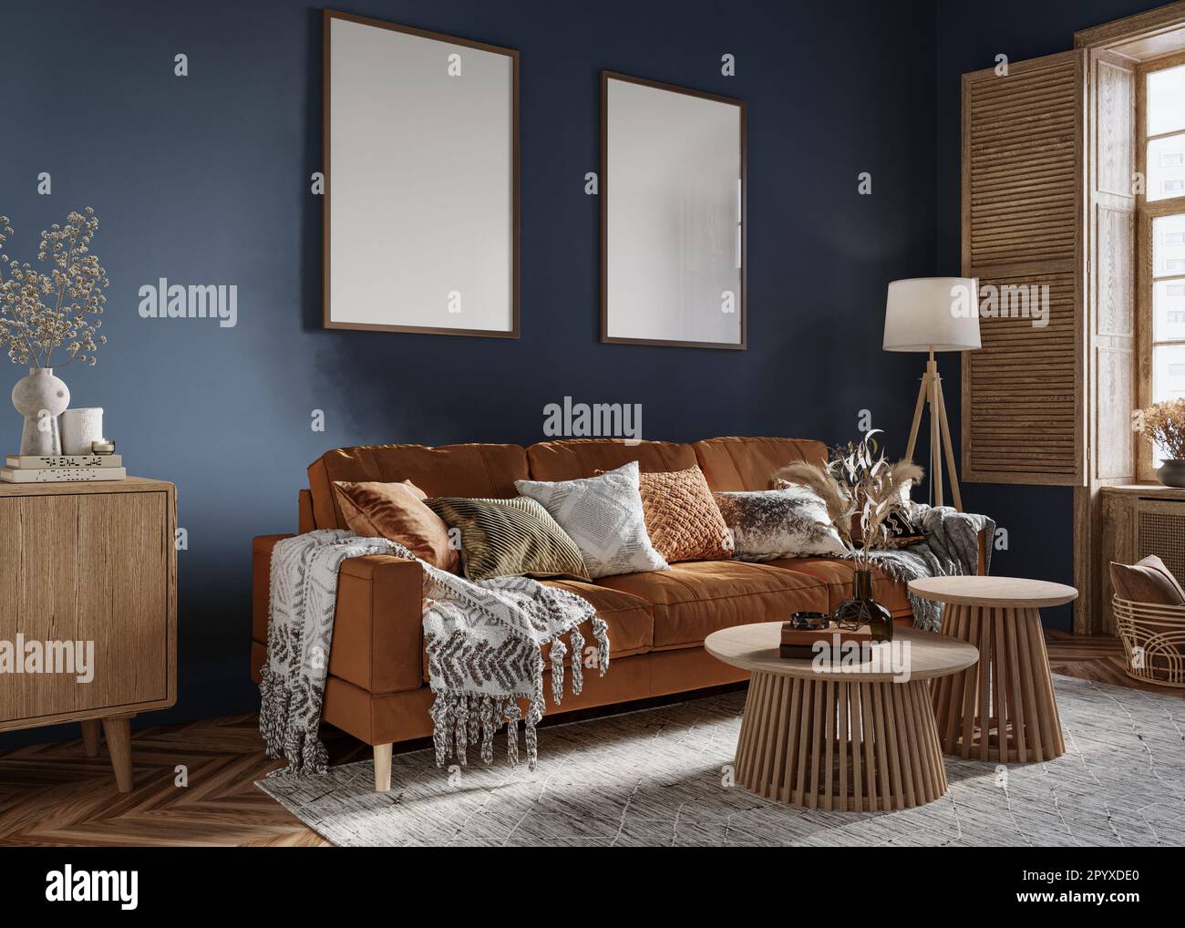 Modern living room interior with dark blue walls Stock Photo Alamy