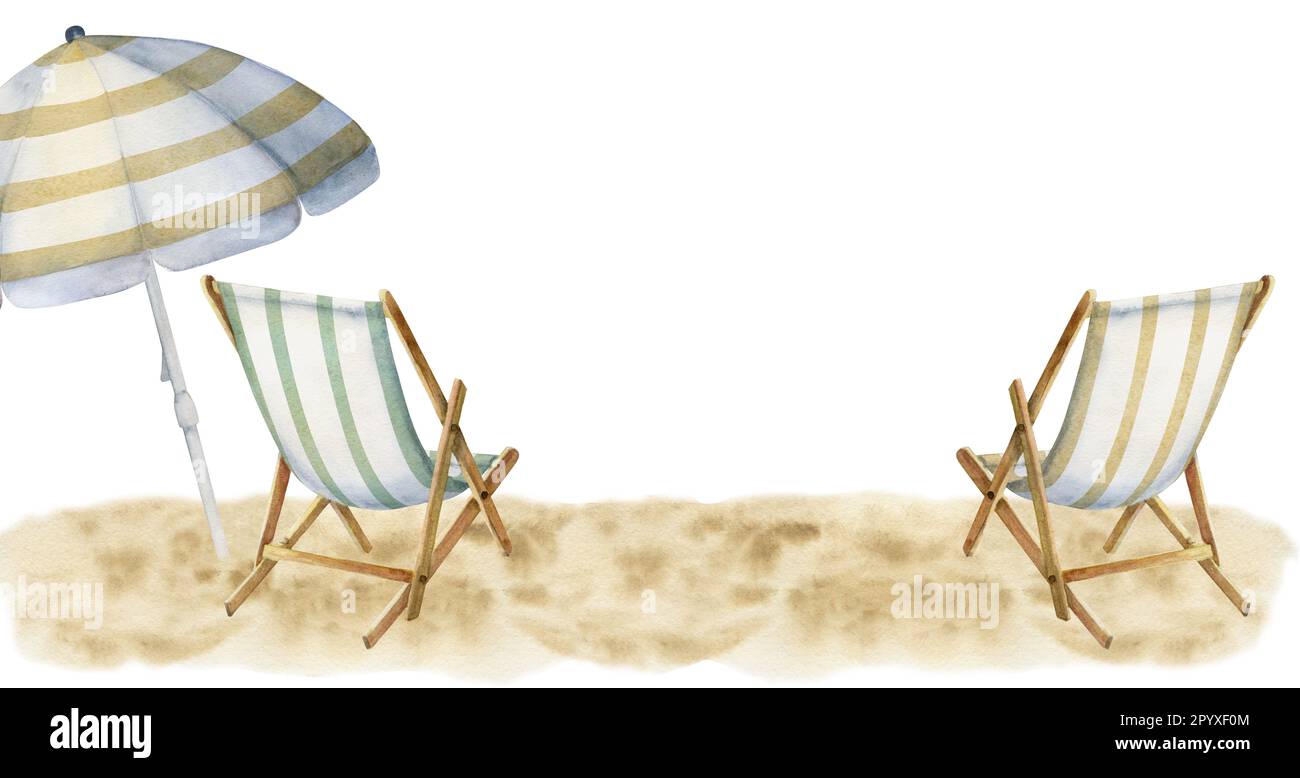 Hand drawn watercolor composition. Striped beach accessories, umbrellas ...