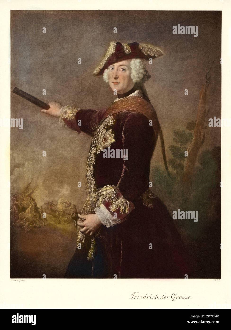 Frederick II, also called Frederick the Great (1712-1786), King of Prussia. The painting shows Frederick II in front of a battle scene in the Silesian War (1740-42). Painting by Antoine Pesne. Photo: Heliogravure, Corpus Imaginum, Hanfstaengl Collection. [automated translation] Stock Photo