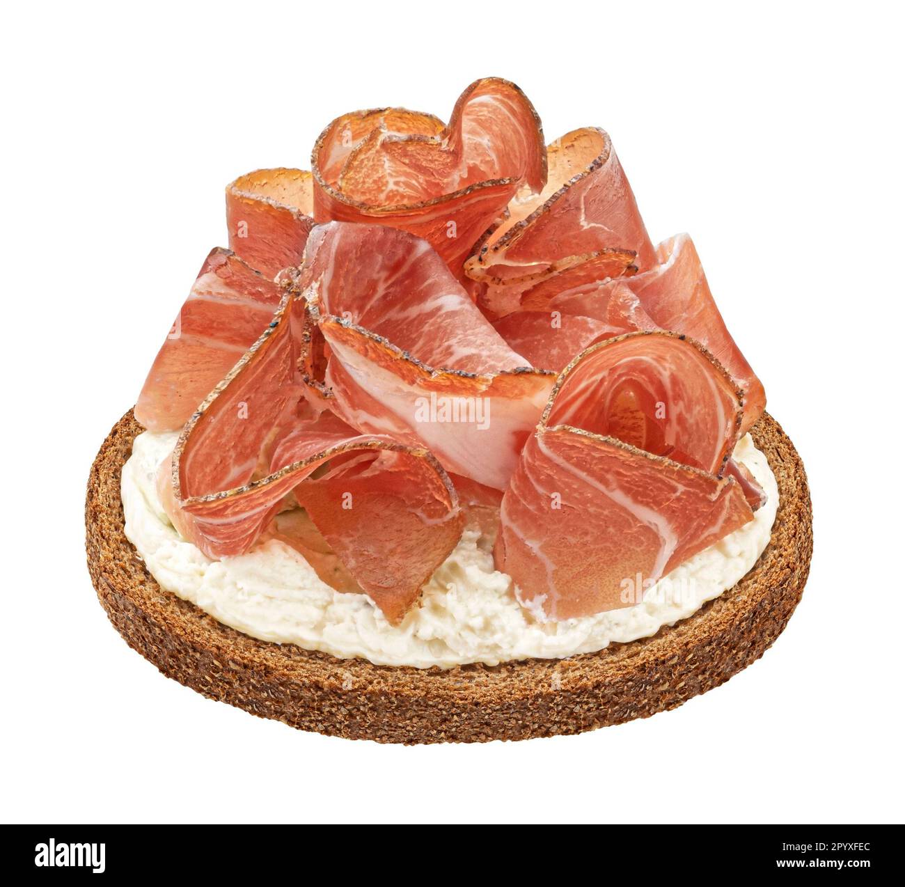 Italian prosciutto crudo bruschetta isolated on white background Stock