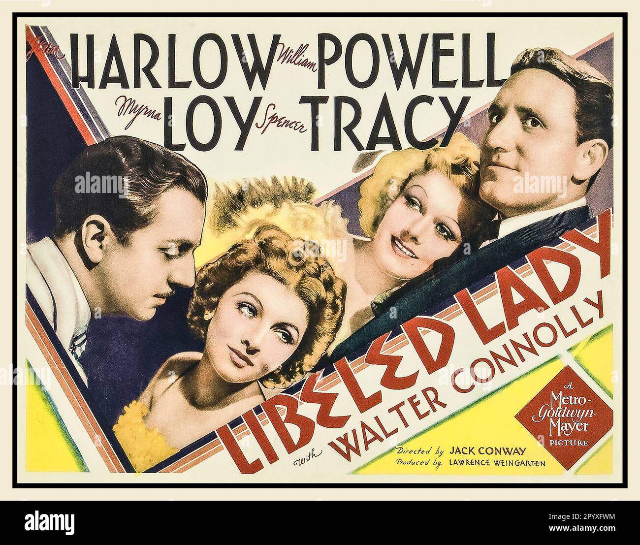 Vintage Movie film poster 'Libeled Lady' is 1936 comedy film starring Jean Harlow, William Powell, Myrna Loy, and Spencer Tracy, written by George Oppenheimer, Howard Emmett Rogers, Wallace Sullivan, and Maurine Dallas Watkins, and directed by Jack Conway. This was the fifth of fourteen films in which Powell and Loy were teamed. Libeled Lady was nominated for the Academy Award for Best Picture. An MGM Hollywood Picture Stock Photo