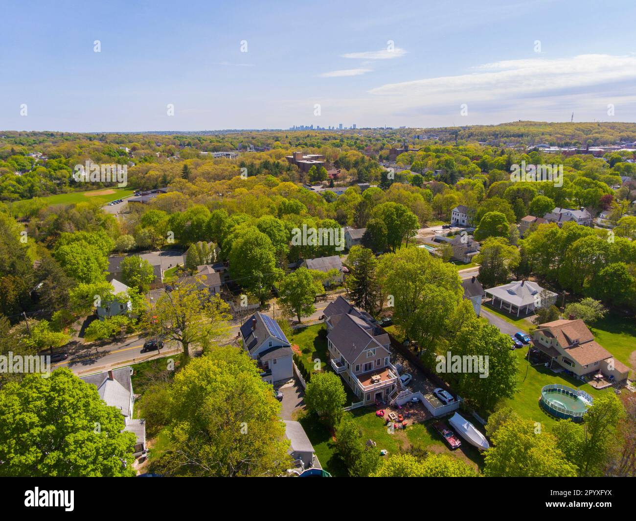 Saugus historic town center aerial view on Main Street in spring