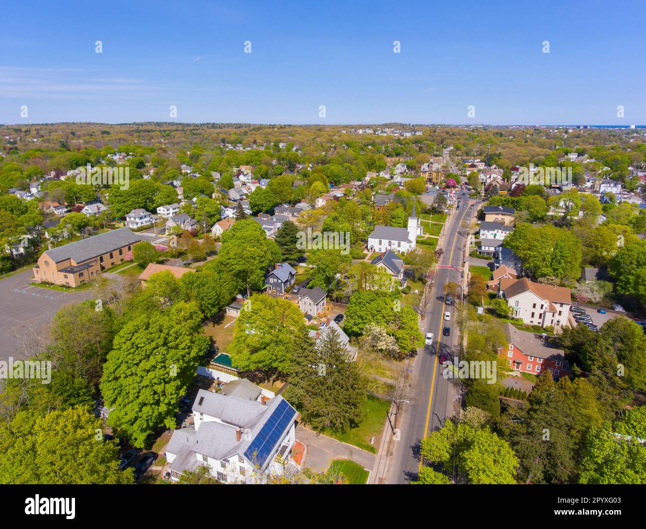 Saugus historic town center aerial view on Main Street in spring