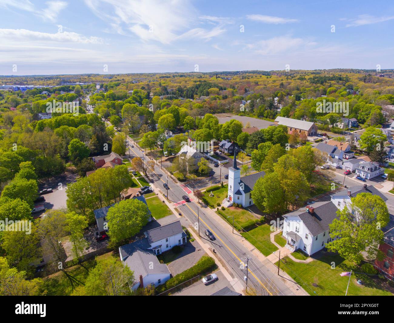 Saugus historic town center aerial view on Main Street in spring