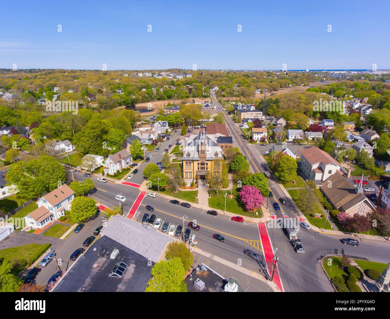 Saugus historic town center aerial view on Main Street in spring
