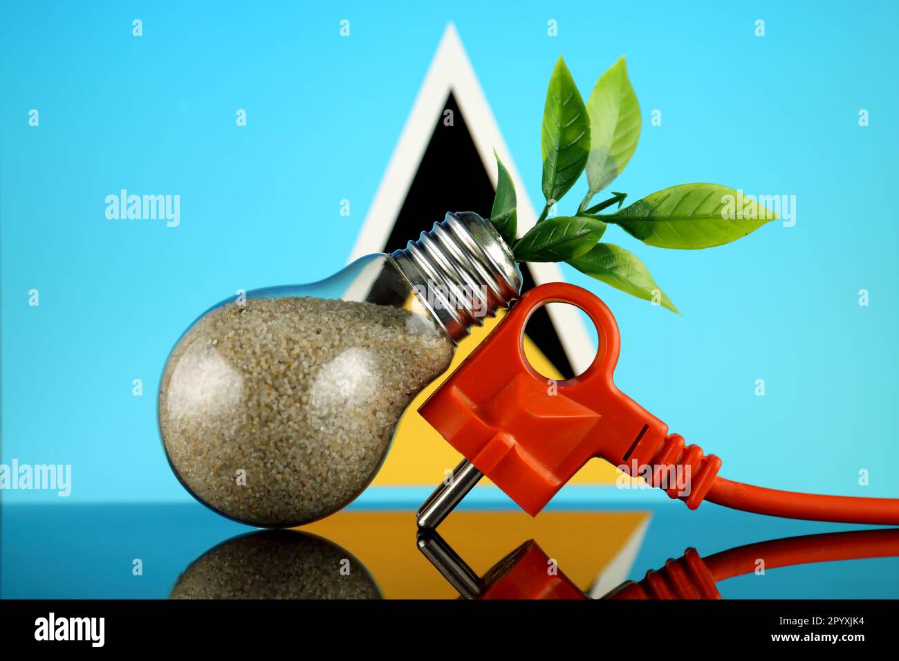 Plug, plant growing inside the light bulb and Saint Lucia Flag. Green