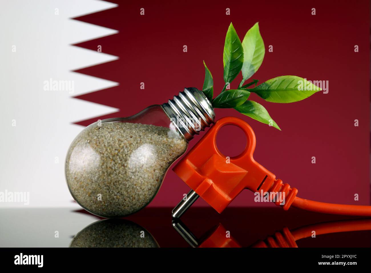 Plug, plant growing inside the light bulb and Qatar Flag. Green eco