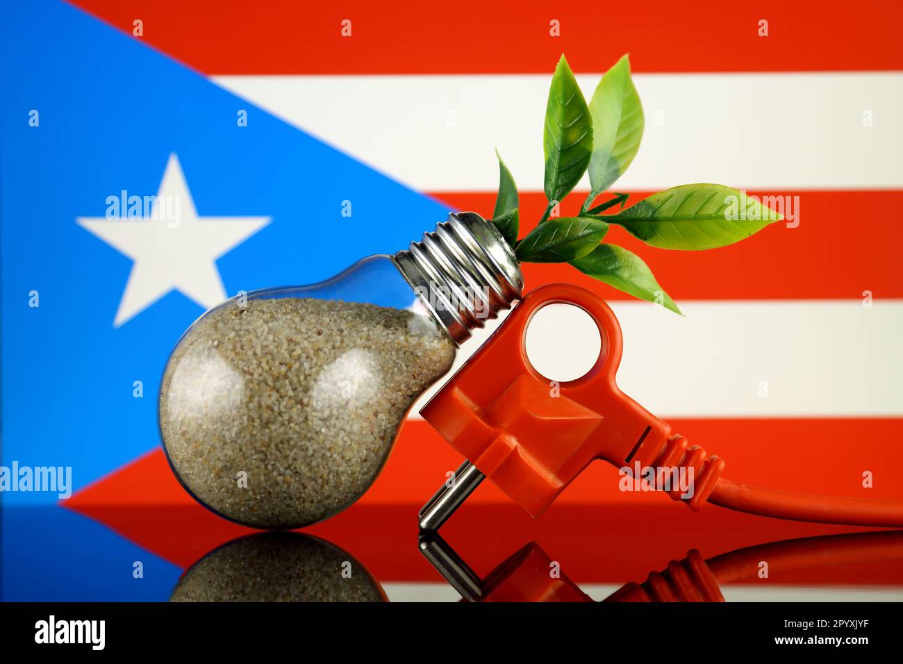 Plug, plant growing inside the light bulb and Puerto Rico Flag. Green eco renewable energy concept. Stock Photo