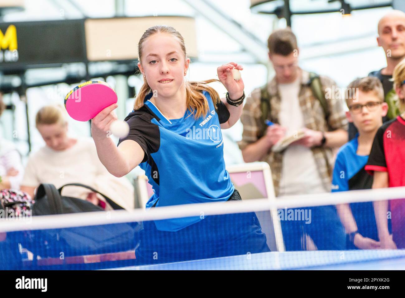 05 May 2023, Hesse, Frankfurt/Main: Josephina Neumann (13), TTC  Berlin/Youth national player and U13 world number one, is at the table in a  show match against the men's table tennis national coach.