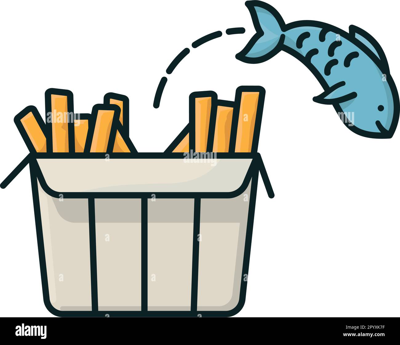 Fish jumping out of chips box isolated vector illustration for Fish And