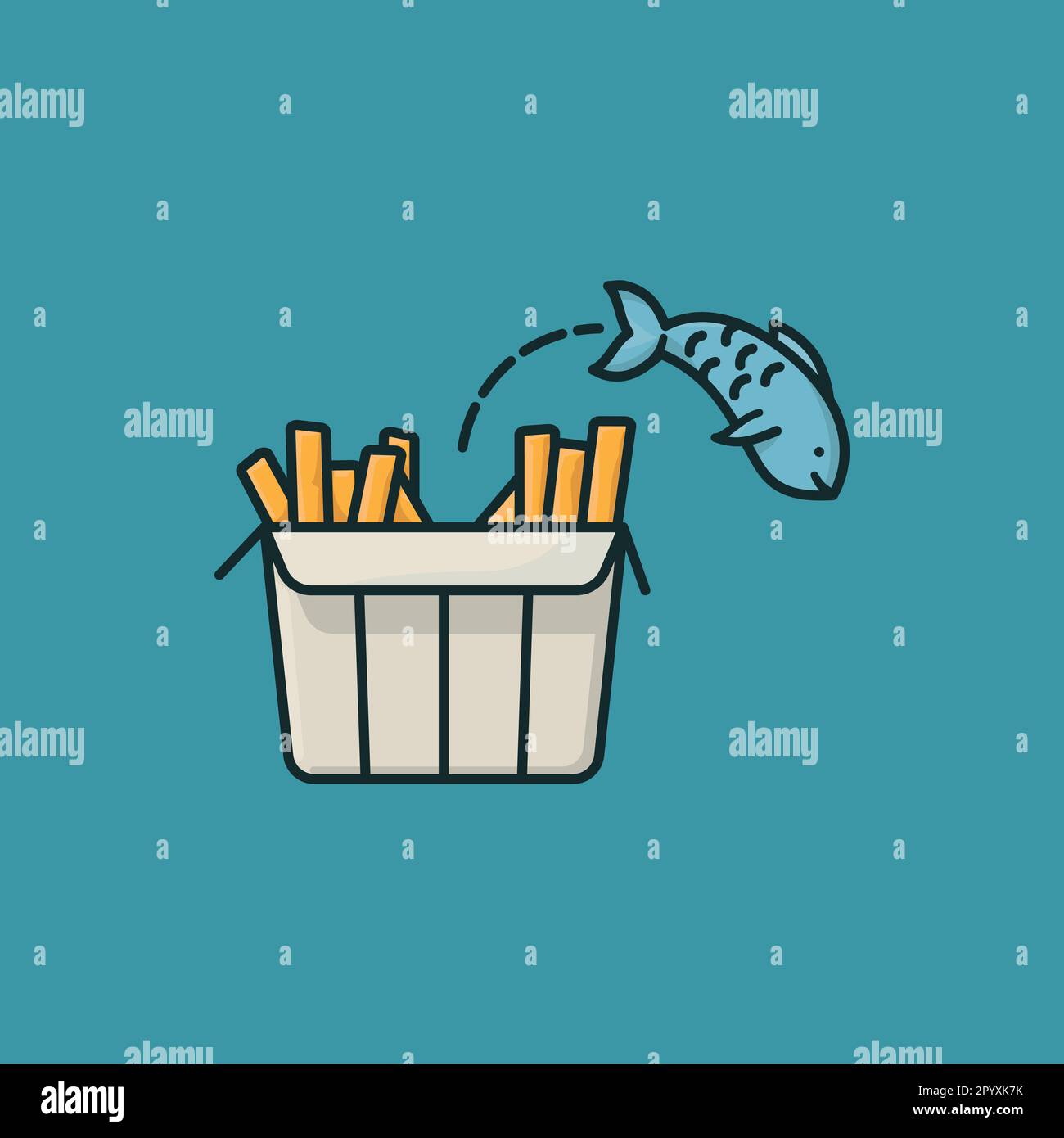 Fish jumping out of chips box vector illustration for Fish And Chips Day on June4 Stock Vector