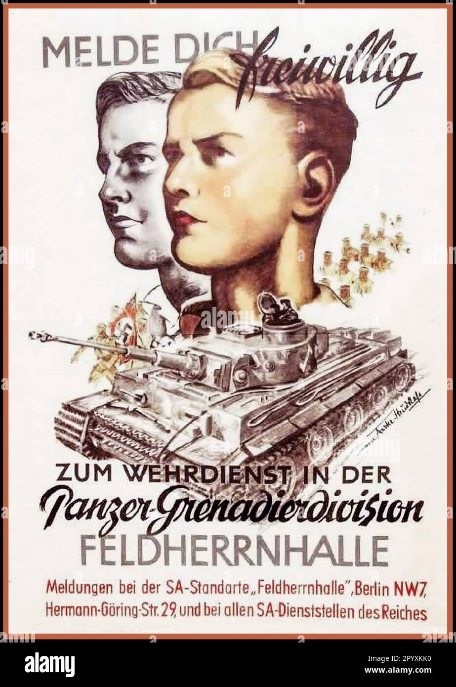 WW2 Nazi Recruitment Poster 1944 into The Panzer Grenardier Division. 'Register and Volunteer; Blond Aryan male German youth are illustrated as the ideal volunteer candidates. World War II Second World War Stock Photo